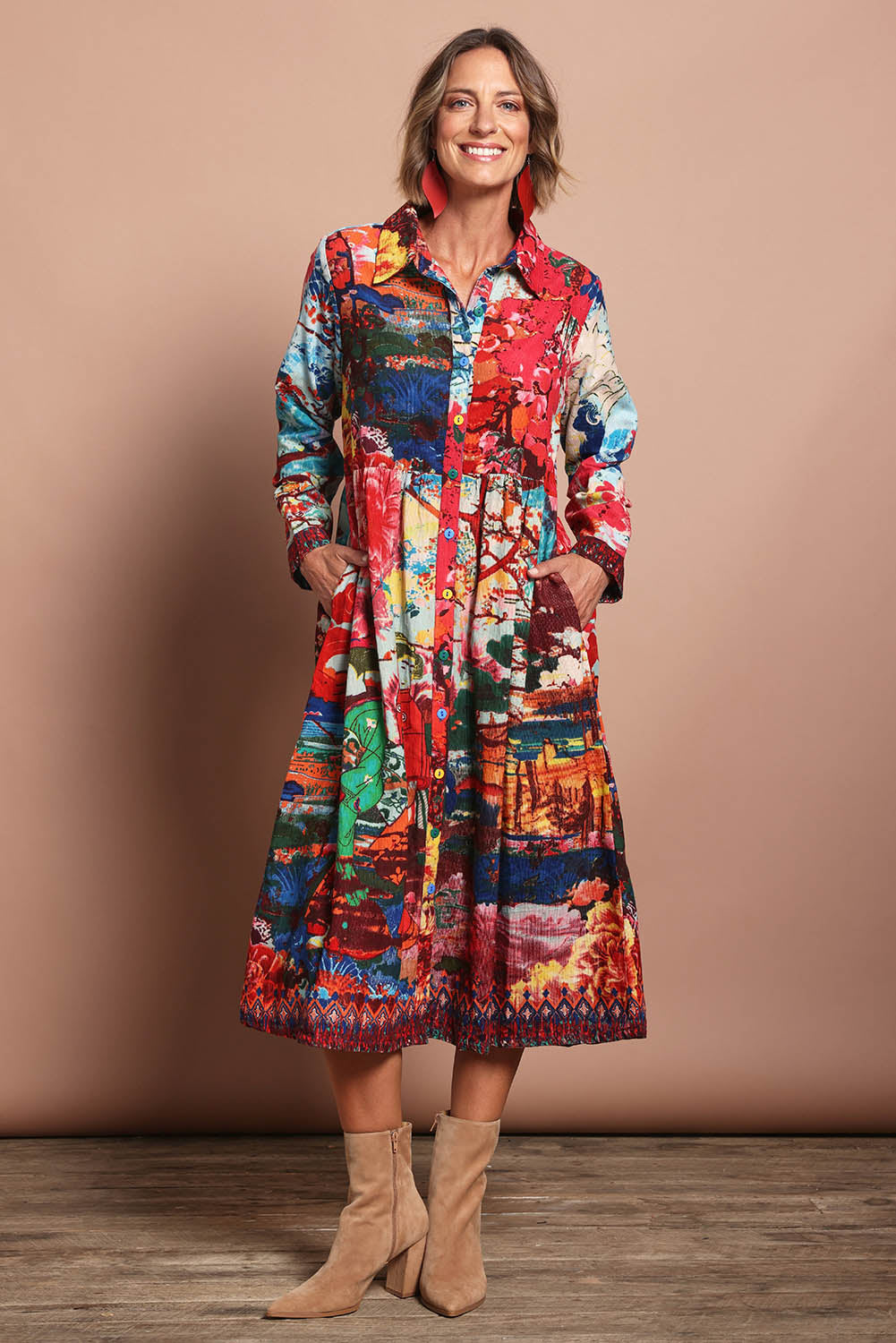 Model Riina wearing size 10 of the Midi Collar Dress in colour Nippori (Red), from the front, showing the whole outfit