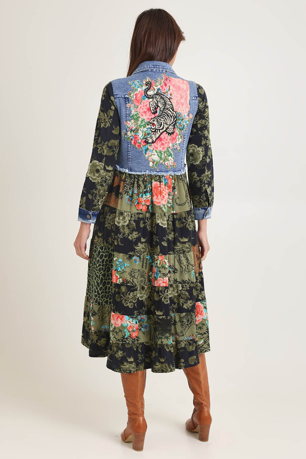Model Madeline wearing size 10 of the Denim Mix Collar Dress in colour Keqioa (Green), from the back