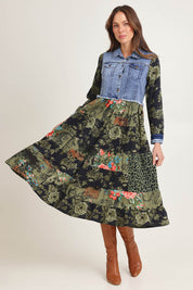 Model Madeline wearing size 10 of the Denim Mix Collar Dress in colour Keqioa (Green), from the front, showing the whole outfit