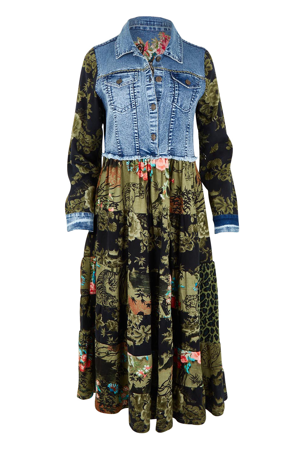 Product shot of the Denim Mix Collar Dress in colour Keqioa (Green), from the front