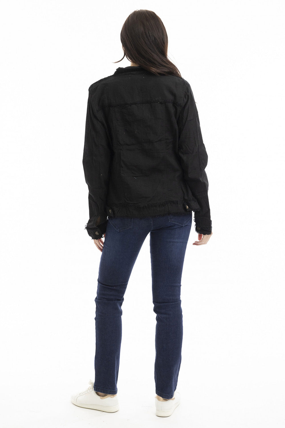A model wearing the Essentials Linen Blend Jacket in colour Black (Black), from the back