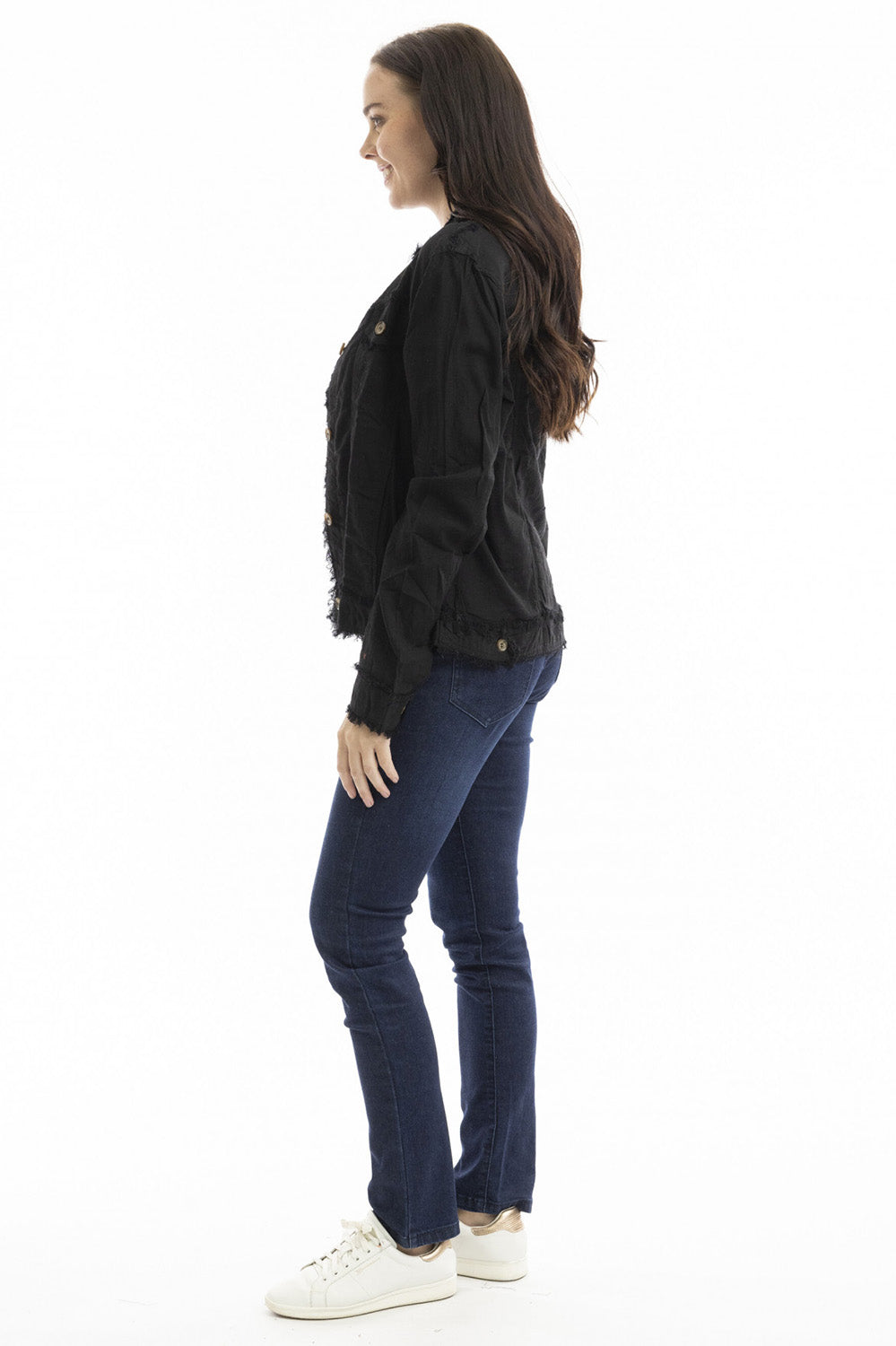 A model wearing the Essentials Linen Blend Jacket in colour Black (Black), from the front, showing the whole outfit