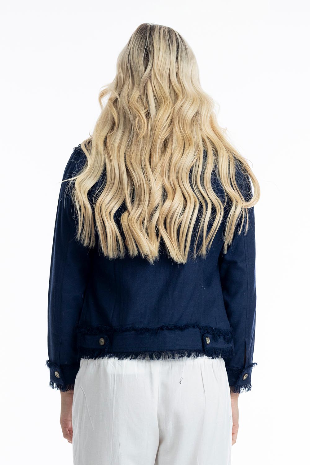 A model wearing the Essentials Linen Blend Jacket in colour Navy (Blue), from the back