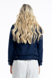 A model wearing the Essentials Linen Blend Jacket in colour Navy (Blue), from the back