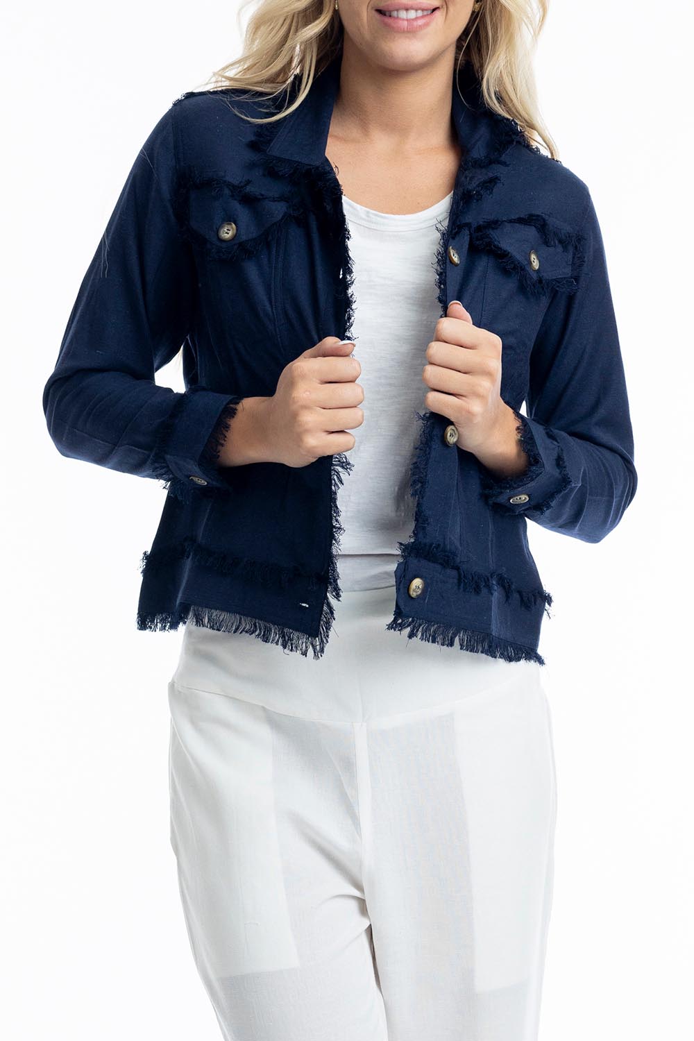 A model wearing the Essentials Linen Blend Jacket in colour Navy (Blue), from the front, cropped image