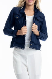 A model wearing the Essentials Linen Blend Jacket in colour Navy (Blue), from the front, cropped image