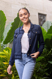A model wearing the Essentials Linen Blend Jacket in colour Navy (Blue), from the front, showing the whole outfit