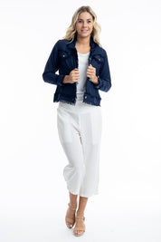 A model wearing the Essentials Linen Blend Jacket in colour Navy (Blue), from the front, showing the whole outfit