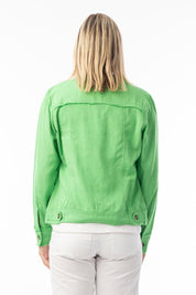 A model wearing the Essentials Linen Blend Jacket in colour Parakeet (Green), from the back
