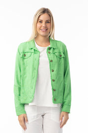 A model wearing the Essentials Linen Blend Jacket in colour Parakeet (Green), from the front, cropped image