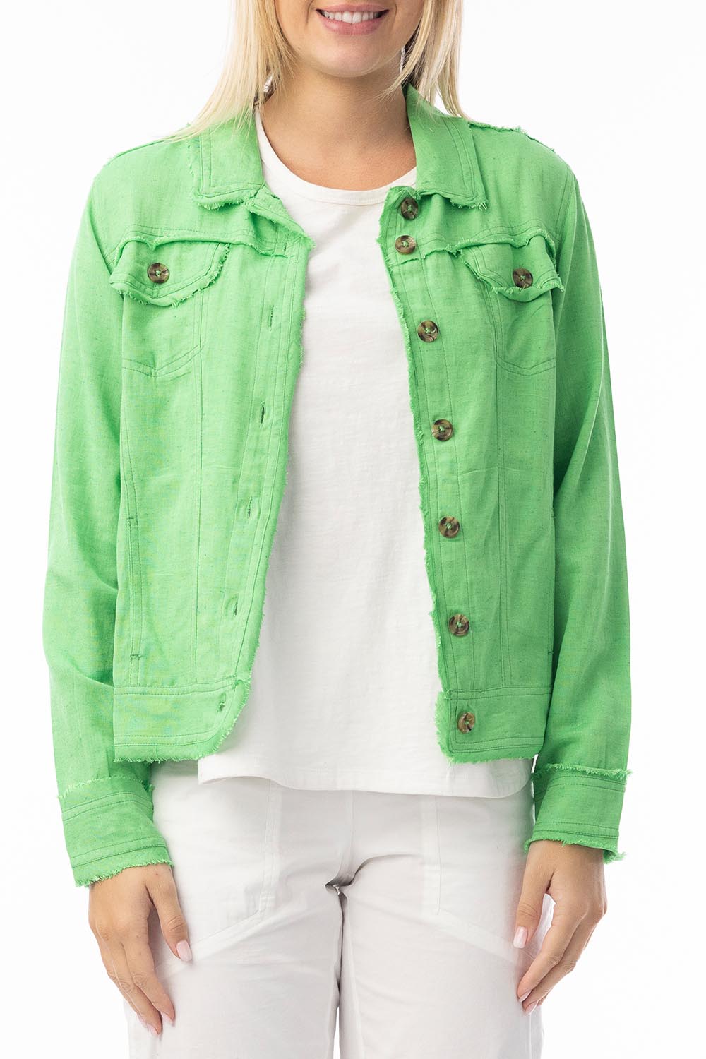 A model wearing the Essentials Linen Blend Jacket in colour Parakeet (Green), from the front, cropped image