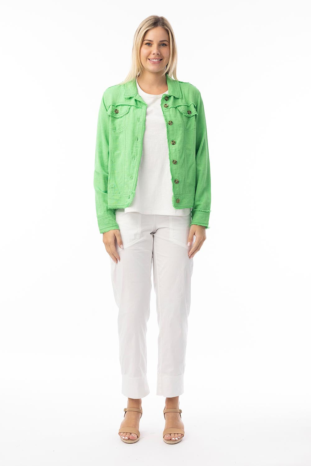 A model wearing the Essentials Linen Blend Jacket in colour Parakeet (Green), from the front, showing the whole outfit