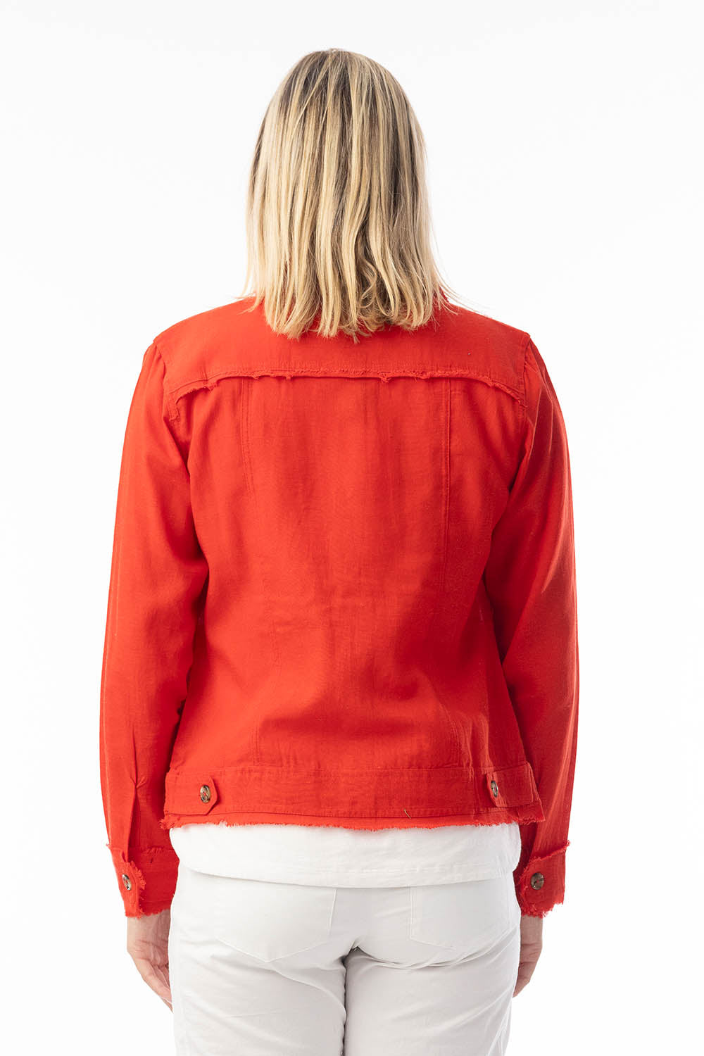A model wearing the Essentials Linen Blend Jacket in colour Red (Red), from the back
