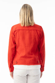 A model wearing the Essentials Linen Blend Jacket in colour Red (Red), from the back