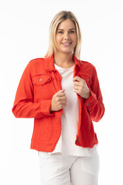 A model wearing the Essentials Linen Blend Jacket in colour Red (Red), from the front, cropped image