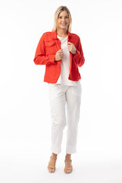 A model wearing the Essentials Linen Blend Jacket in colour Red (Red), from the front, showing the whole outfit