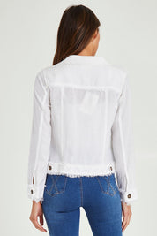 Model Madeline wearing size 10 of the Essentials Linen Blend Jacket in colour White (White), from the back