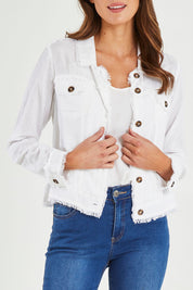 Model Madeline wearing size 10 of the Essentials Linen Blend Jacket in colour White (White), from the front, cropped image