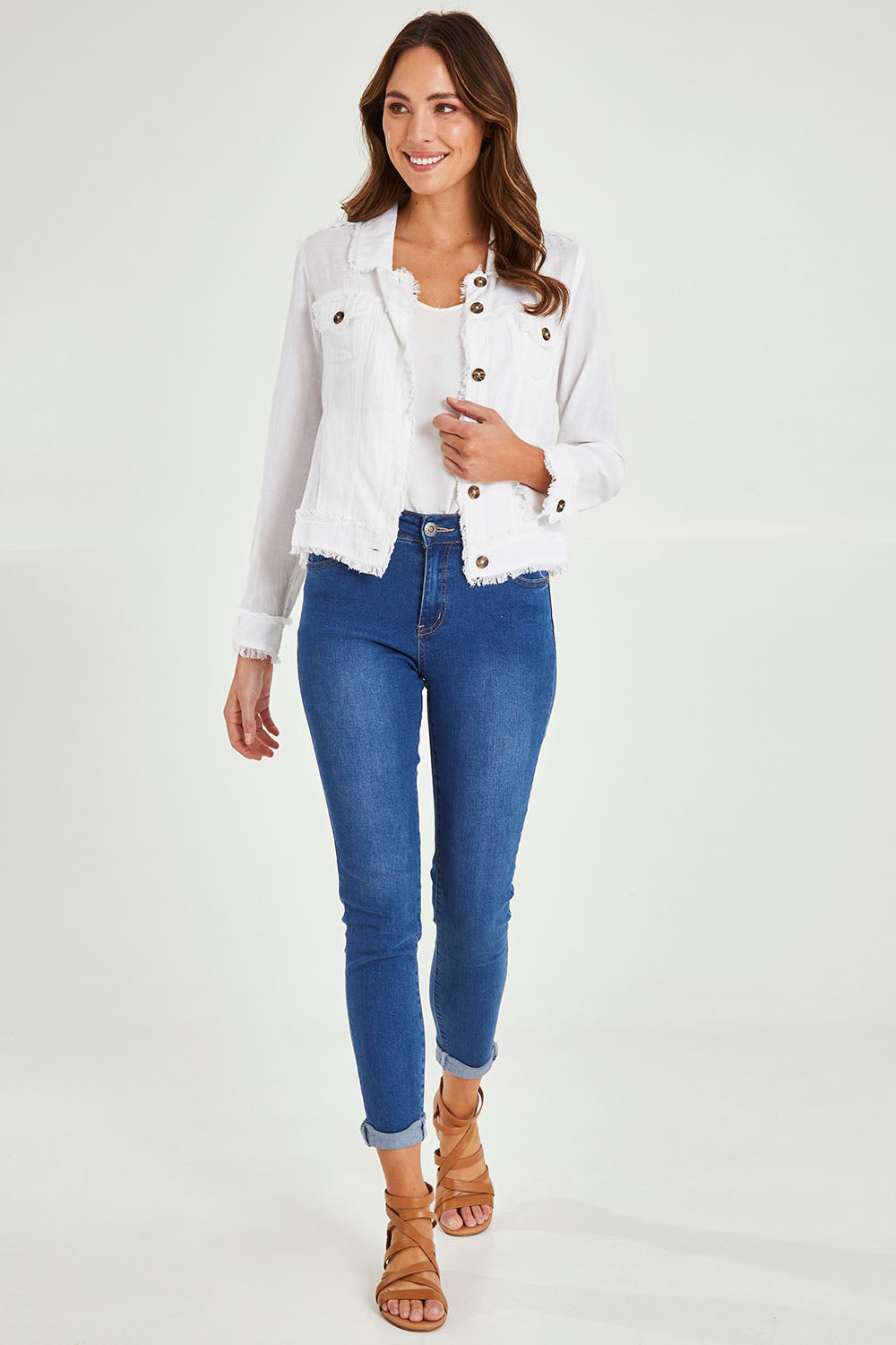 Model Madeline wearing size 10 of the Essentials Linen Blend Jacket in colour White (White), from the front, showing the whole outfit