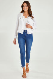 Model Madeline wearing size 10 of the Essentials Linen Blend Jacket in colour White (White), from the front, showing the whole outfit
