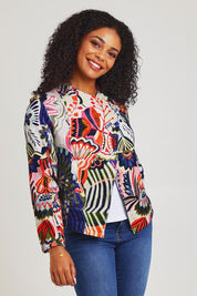 Model Ziara wearing size 10 of the Hotel California Velvet Cross Front Jacket in colour California, from the front, cropped image
