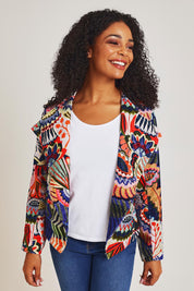 Model Ziara wearing size 10 of the Hotel California Velvet Cross Front Jacket in colour California, from the front, cropped image