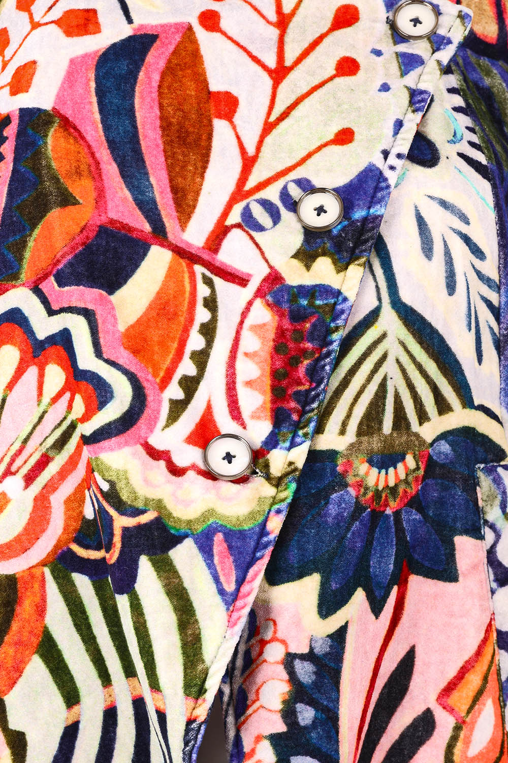 Product shot of the Hotel California Velvet Cross Front Jacket in colour California, detail
