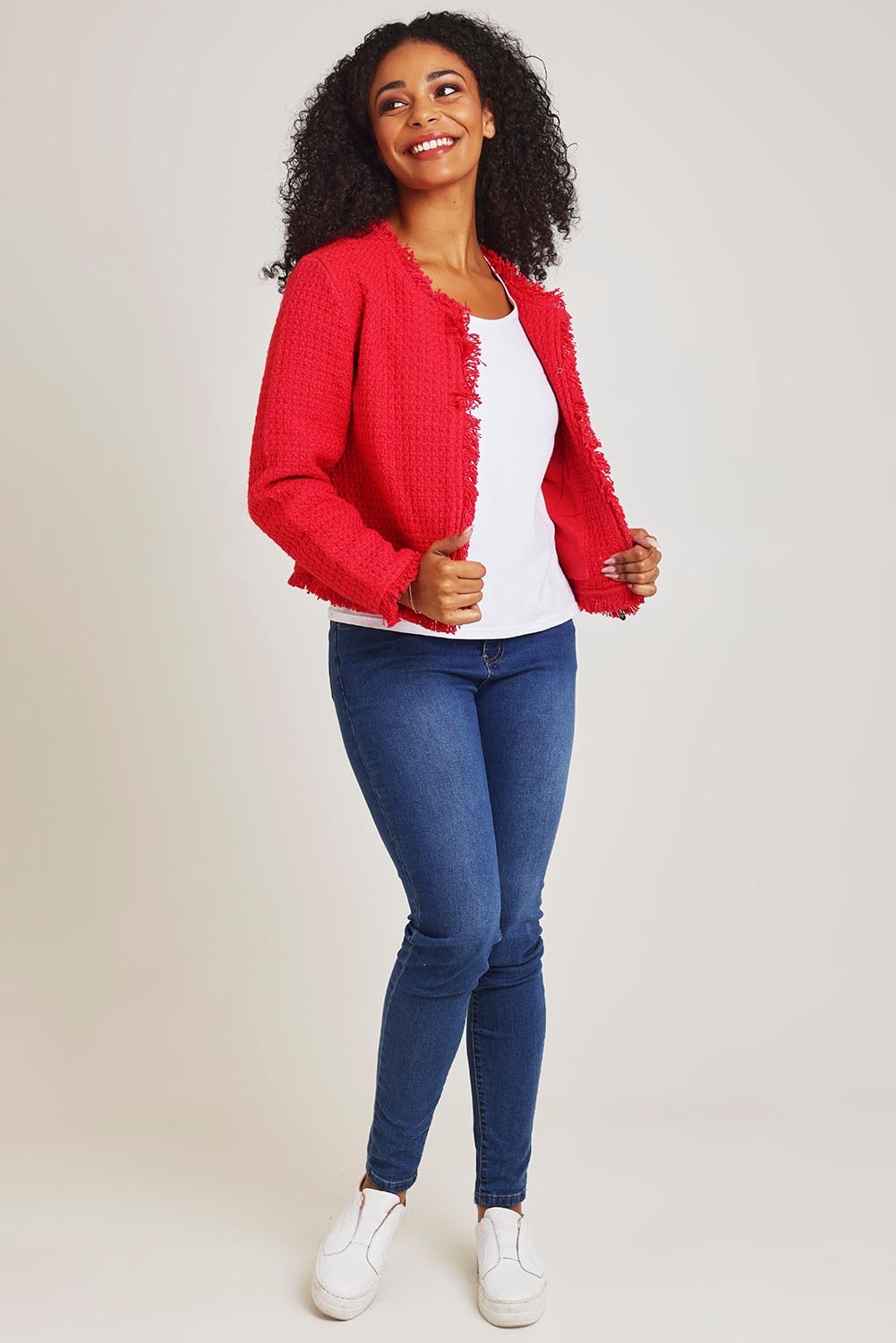 Model Ziara wearing size 10 of the Chanel Cotton Coat in colour Red (Red), from the front, showing the whole outfit