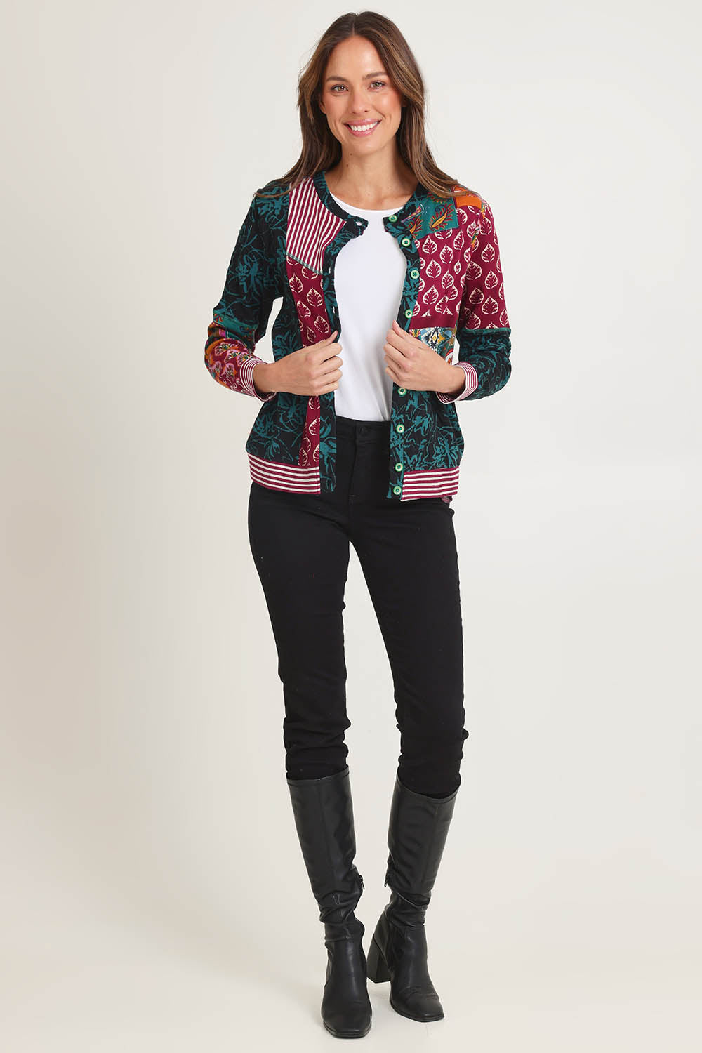 Model Madeline wearing size 10 of the Patch Cardigan in colour Prato, from the front, showing the whole outfit
