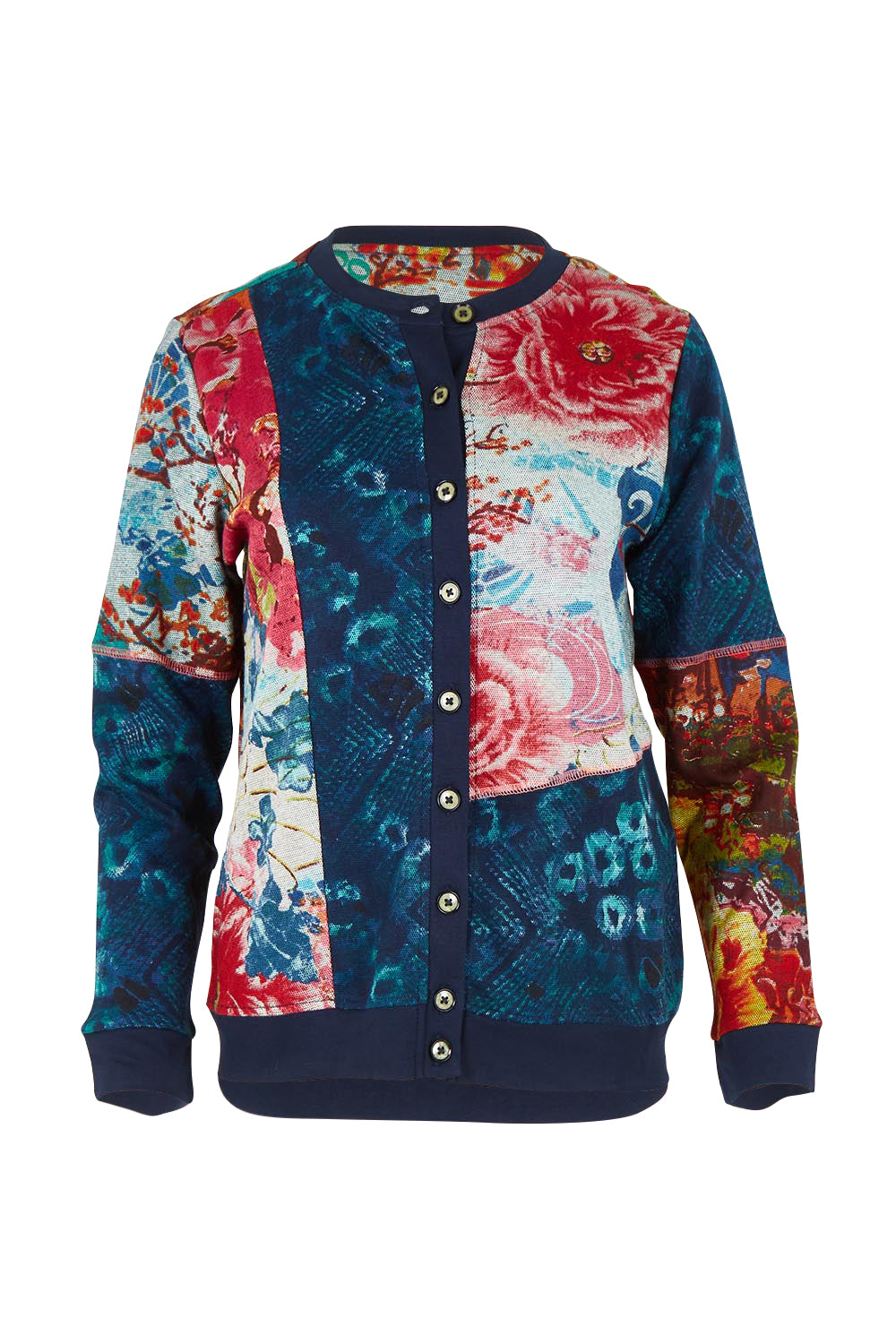 Product shot of the Patch Cardigan in colour Nippori (Blue), from the front