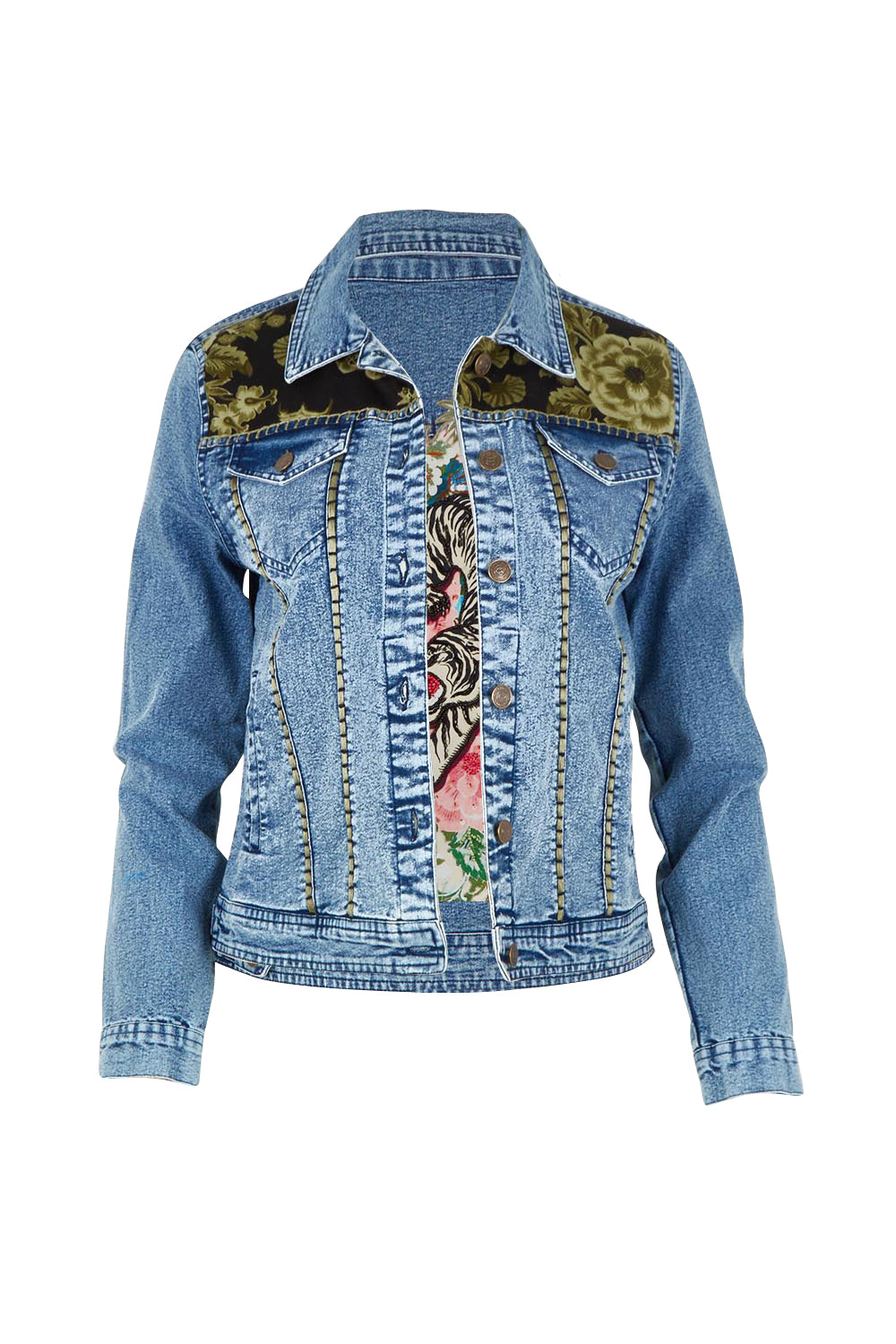 Product shot of the Denim Jacket in colour Keqioa (Blue), from the front