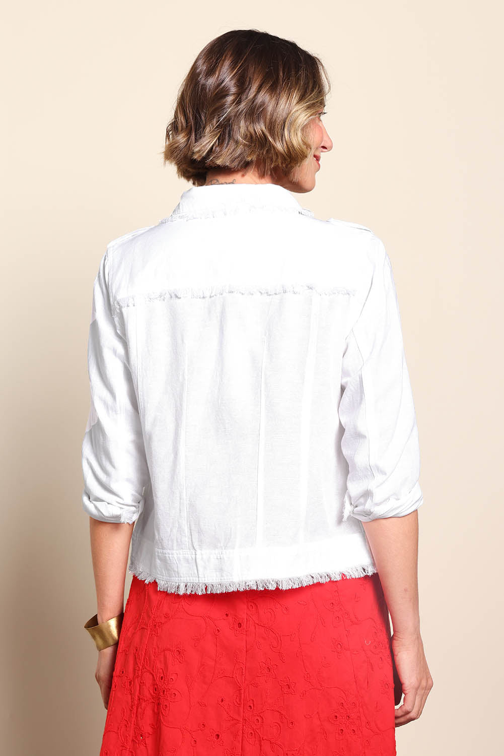 Essentials Cotton Linen Blend Fringe Jacket - White