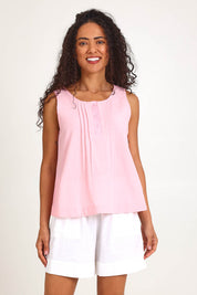Model Pamelar wearing size 10 of the Essentials Linen Blend Cami - Pink in colour Pink, in a cropped view