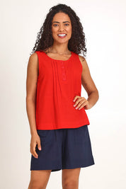 Model Pamelar wearing size 10 of the Essentials Linen Blend Cami - Red in colour Red, in a cropped view