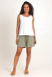 Model Pamelar wearing size 10 of the Essentials Linen Blend Cami - White in colour White, from the front