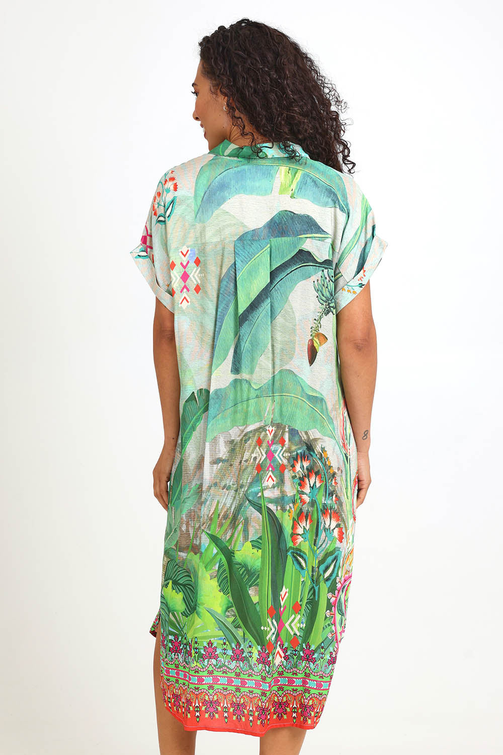 Model Pamelar wearing size 10 of the Collar Shirt Dress – Flamengo in colour Flamengo, from the back