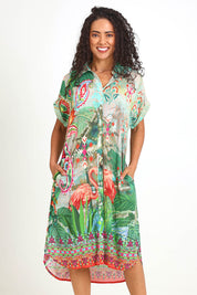 Model Pamelar wearing size 10 of the Collar Shirt Dress – Flamengo in colour Flamengo, in a cropped view
