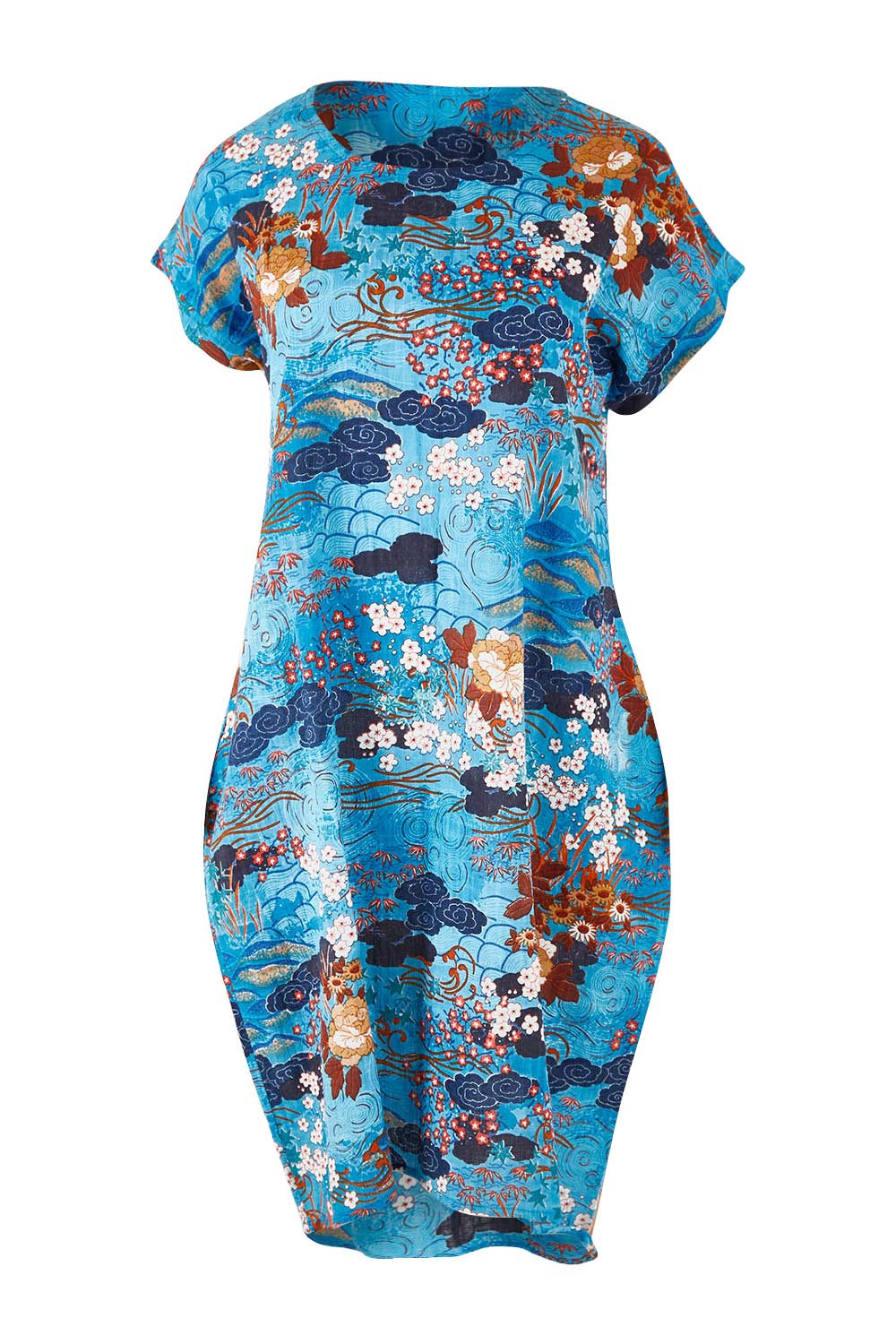 Product shot of the Parga Organic Cotton Simple Cut Dress in colour Print (Blue), from the front