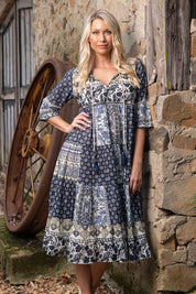 A model wearing the Ramatuelle Organic Cotton Print Dress in colour Print (Blue), from the front, showing the whole outfit