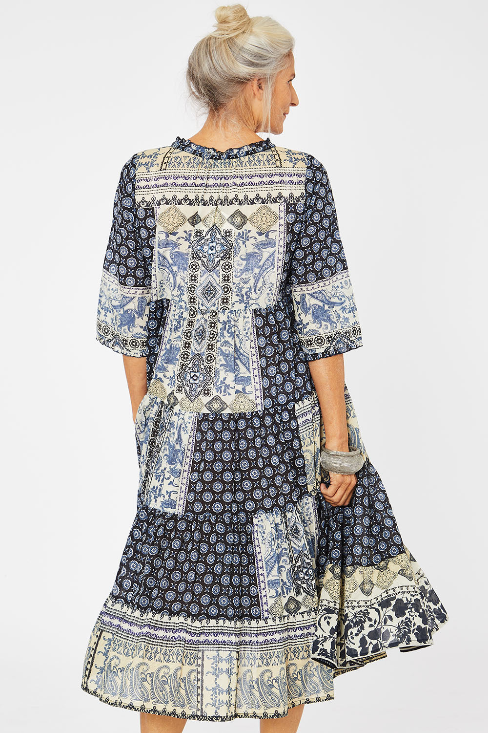 Model Rachel wearing size 10 of the Ramatuelle Organic Cotton Print Dress in colour Print (Blue), from the front, cropped image