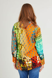 Model Katie wearing size 10 of the Digital Long Collar Shirt in colour Mix4 (Green), from the back