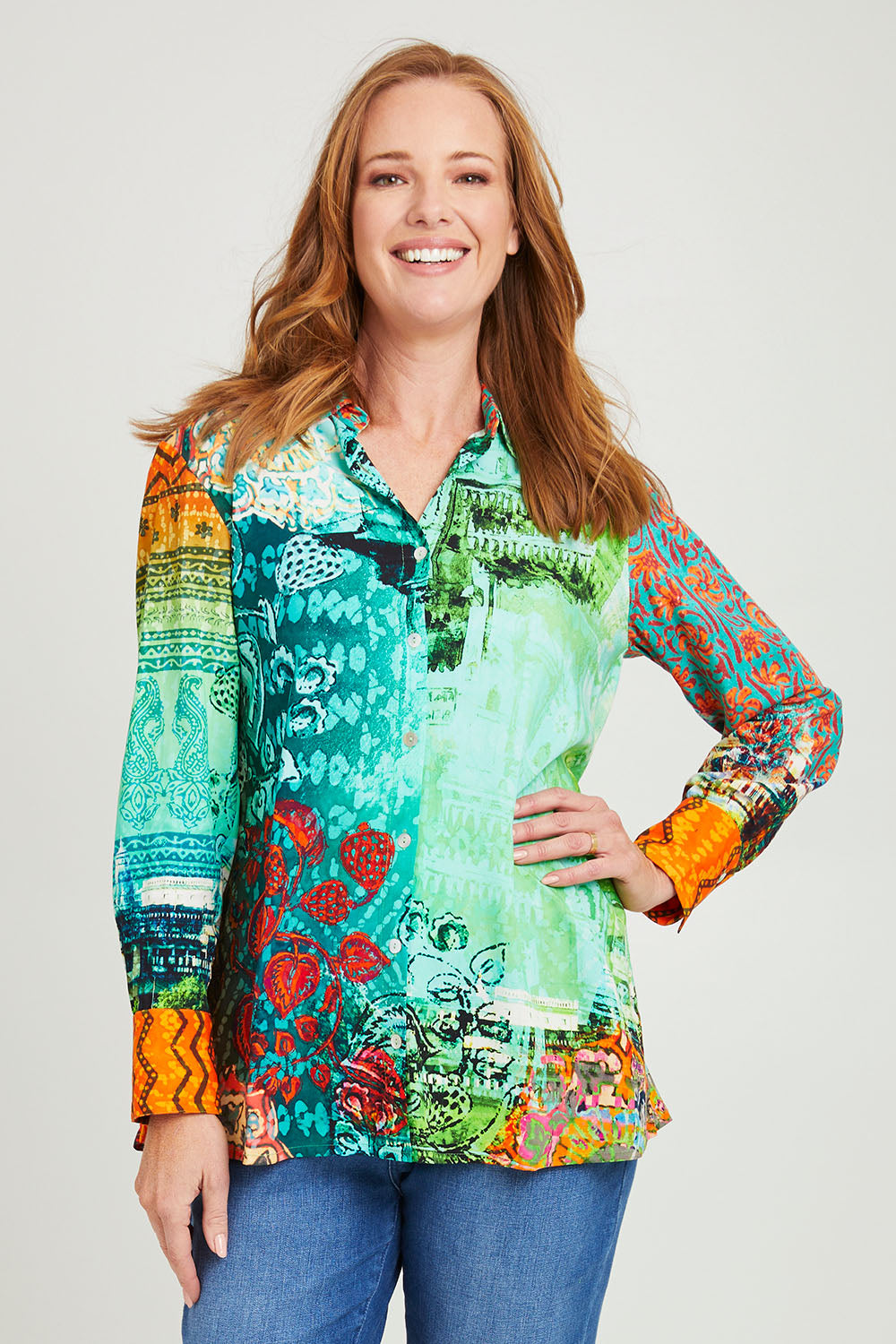 Model Katie wearing size 10 of the Digital Long Collar Shirt in colour Mix4 (Green), from the front, cropped image