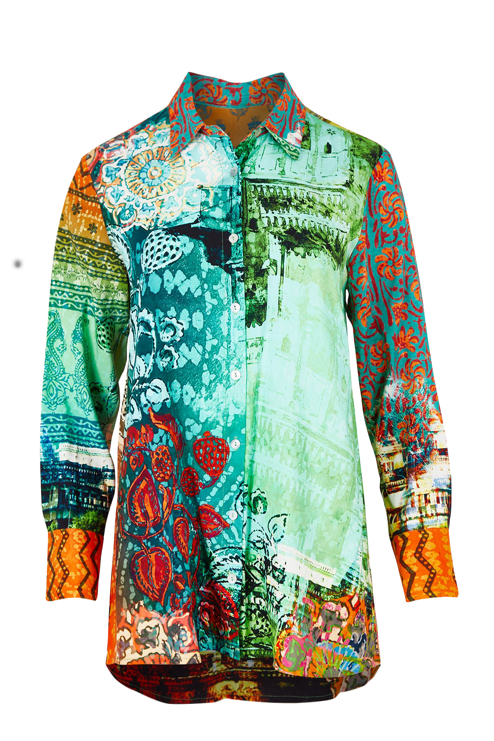 Product shot of the Digital Long Collar Shirt in colour Mix4 (Green), from the front