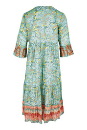 Product shot of the Chania 3/4 Sleeve Layers Dress in colour Print (Green), from the back