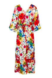 Product shot of the La Pelosa Maxi V Neckline Trim Dress in colour Print (Red), from the back
