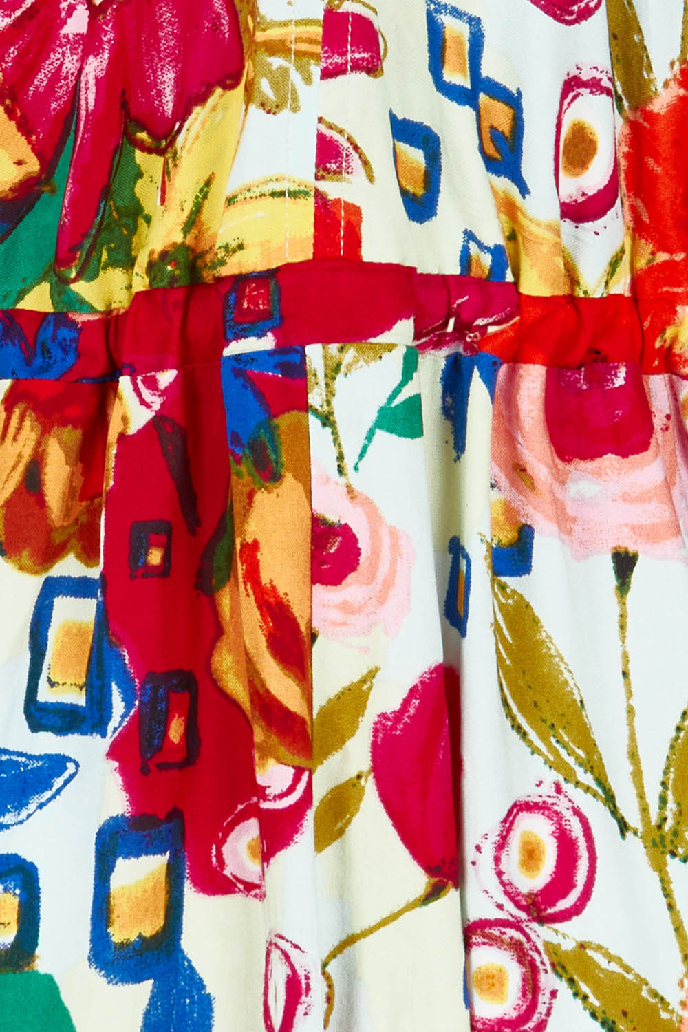 Product shot of the La Pelosa Maxi V Neckline Trim Dress in colour Print (Red), detail