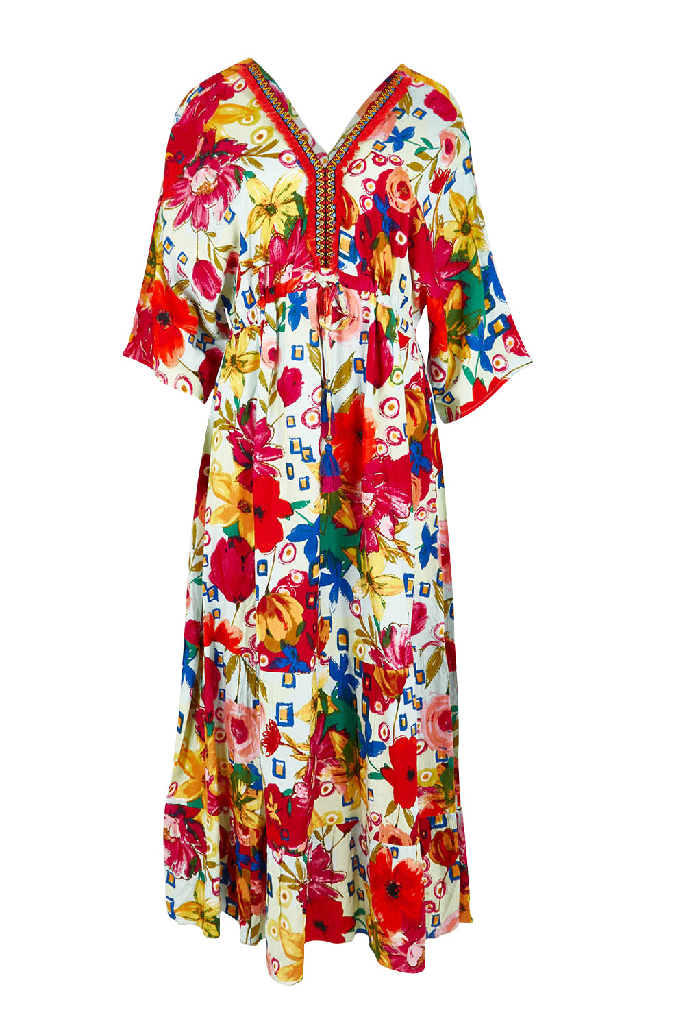 Product shot of the La Pelosa Maxi V Neckline Trim Dress in colour Print (Red), from the front
