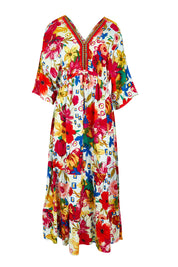 Product shot of the La Pelosa Maxi V Neckline Trim Dress in colour Print (Red), from the front