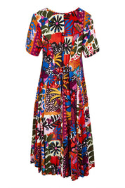 Product shot of the Salvador Short Sleeve Godet Dress in colour Print, from the back