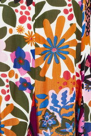 Product shot of the Salvador Short Sleeve Godet Dress in colour Print, detail